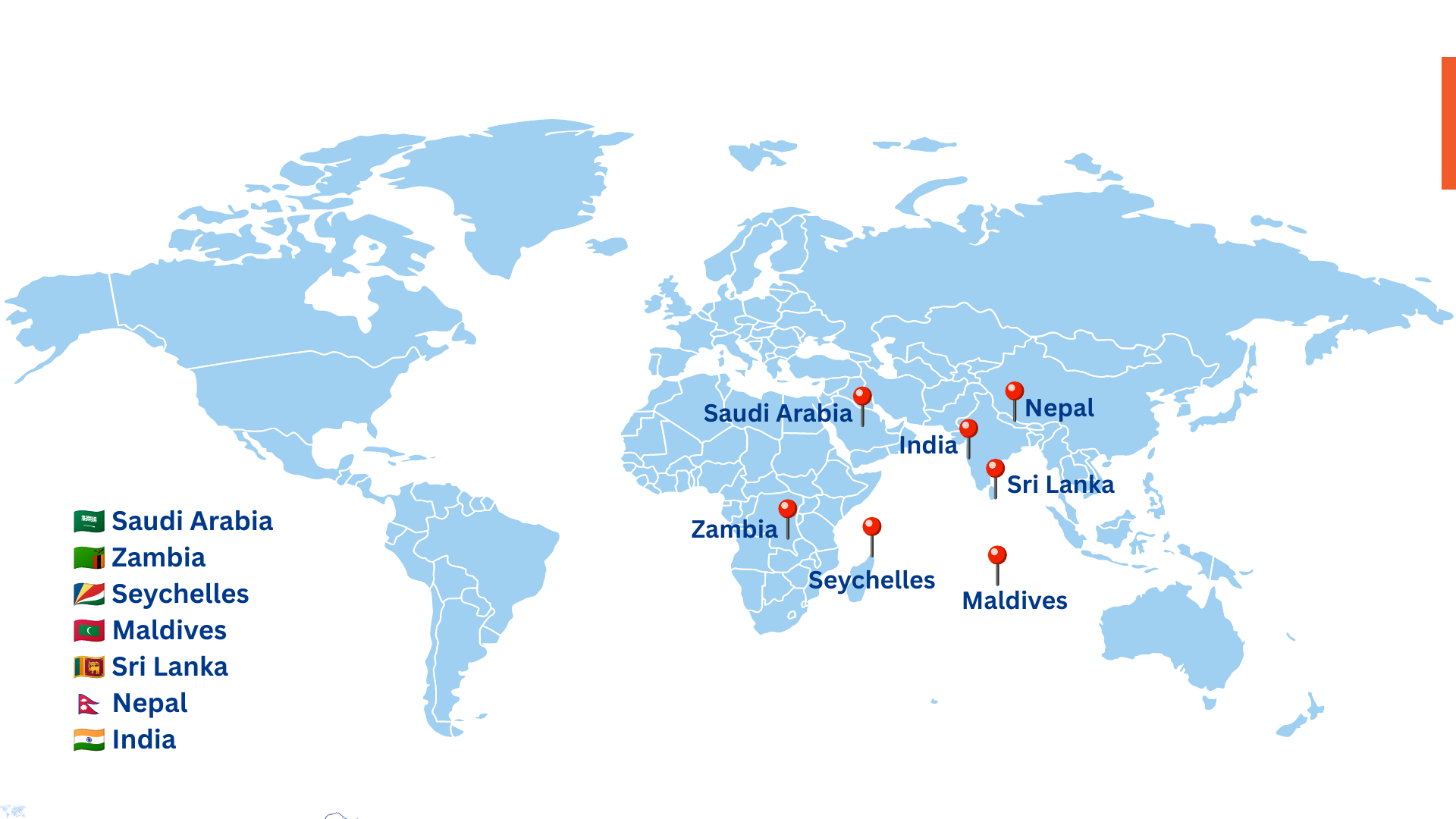 World map showing Arbuda presence in India, Saudi Arabia, Zambia, Seychelles, Maldives, Sri Lanka and Nepal